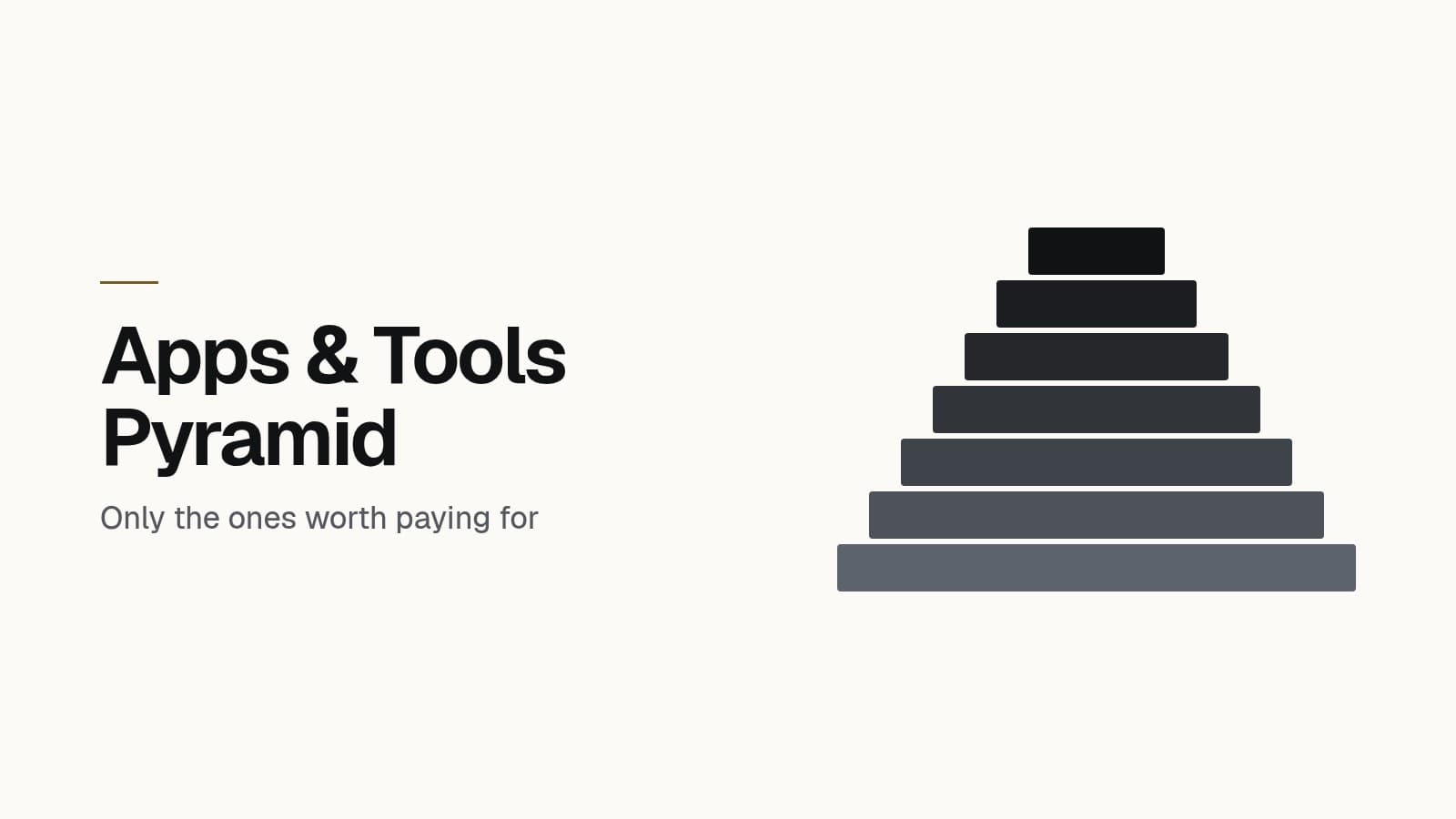 Title card reading Apps & Tools Pyramid - only the ones worth paying for, beside a seven-tier pyramid graphic in ink tones on a cream background.