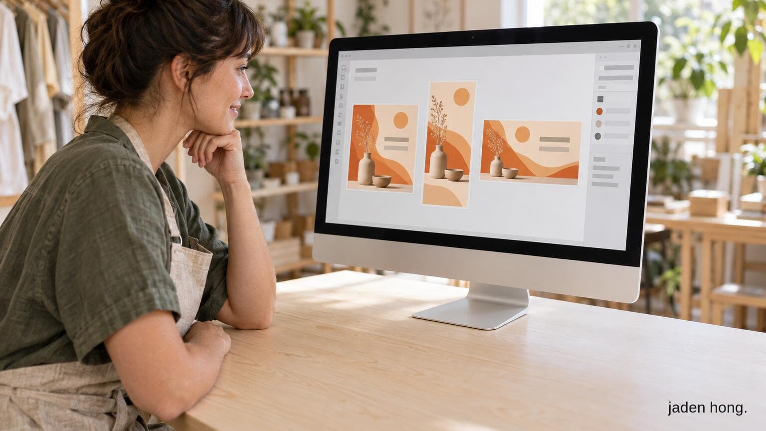 A shop owner in a linen apron looks at a desktop monitor showing one flyer design adapted into square, tall and wide formats side by side in a design editor.