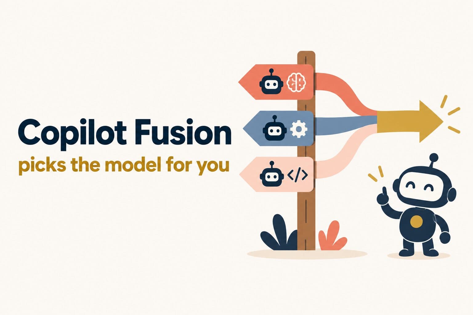 Title card: Copilot Fusion picks the model, with a fork-in-the-road signpost and three robot figures merging into one path, flat ink, gold and coral illustration on warm white.