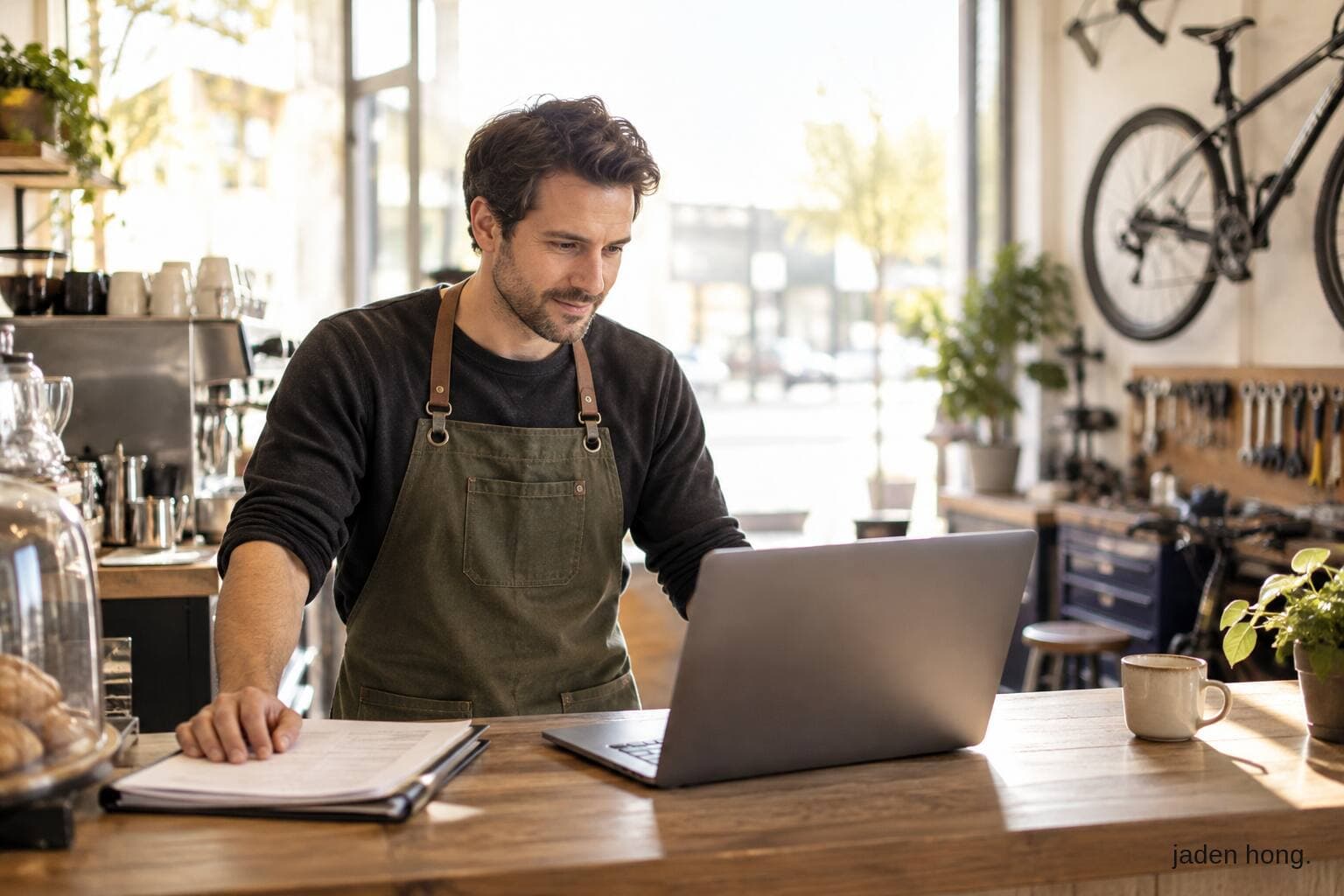 A small business owner at a cafe counter with a laptop open to a simple chat screen, checking a filing deadline while customers wait in line behind the counter.