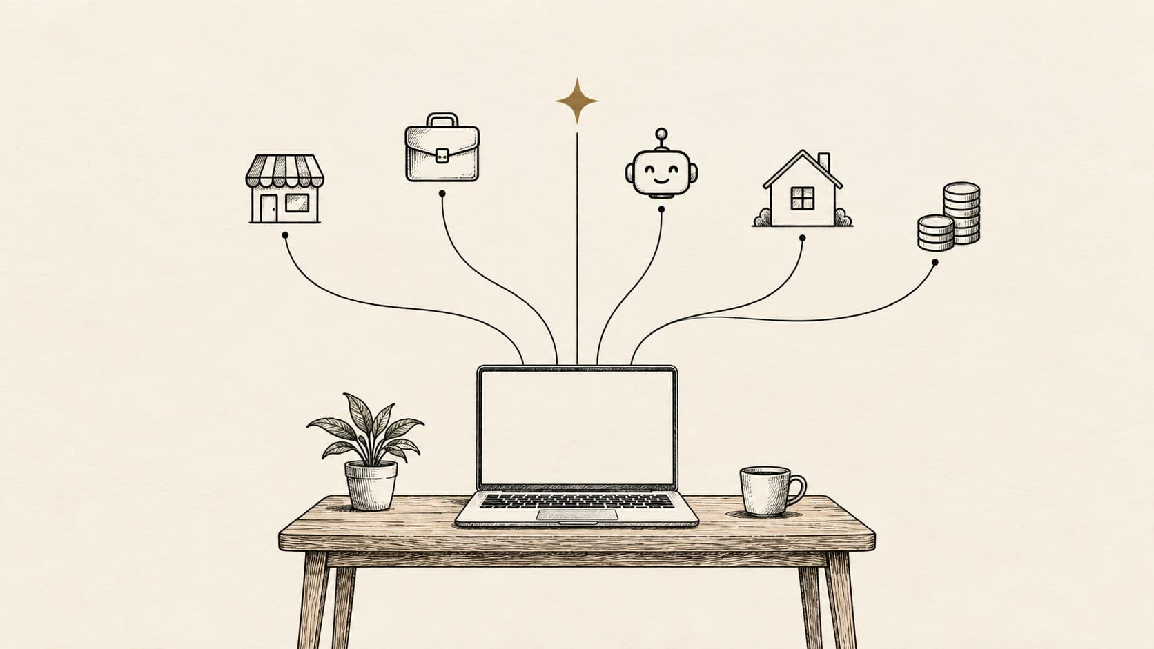 Ink sketch of a laptop on a desk, with lines branching from the screen to a shop, a briefcase, a robot, a house, and coins.