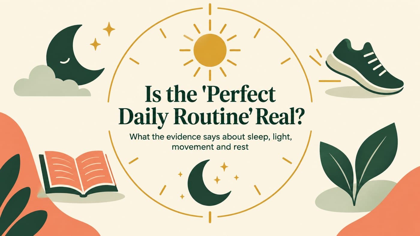 Title card reading Is the Perfect Daily Routine Real, inside a 24-hour clock dial with a sun, crescent moon, running shoe, open book and leaf on a cream background.