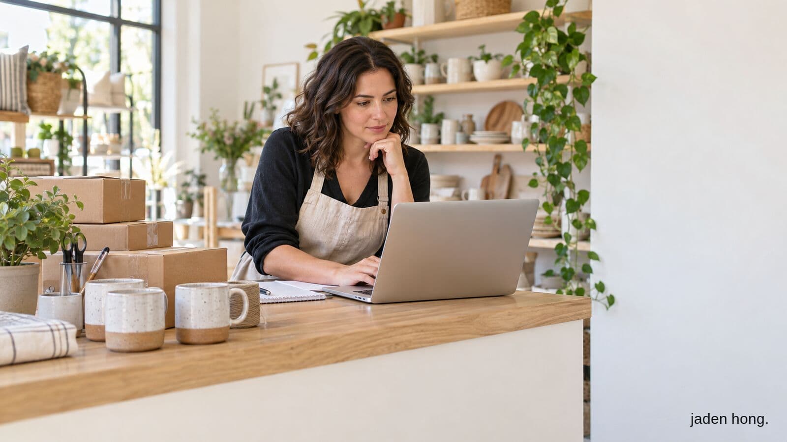 A small shop owner at her counter reviewing her store's policies on a laptop, with packed shipping boxes and ceramic mugs beside her.