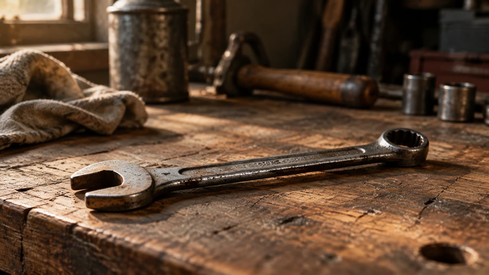 Editorial illustration of a well-worn wrench on a scarred wooden workbench in warm window light.