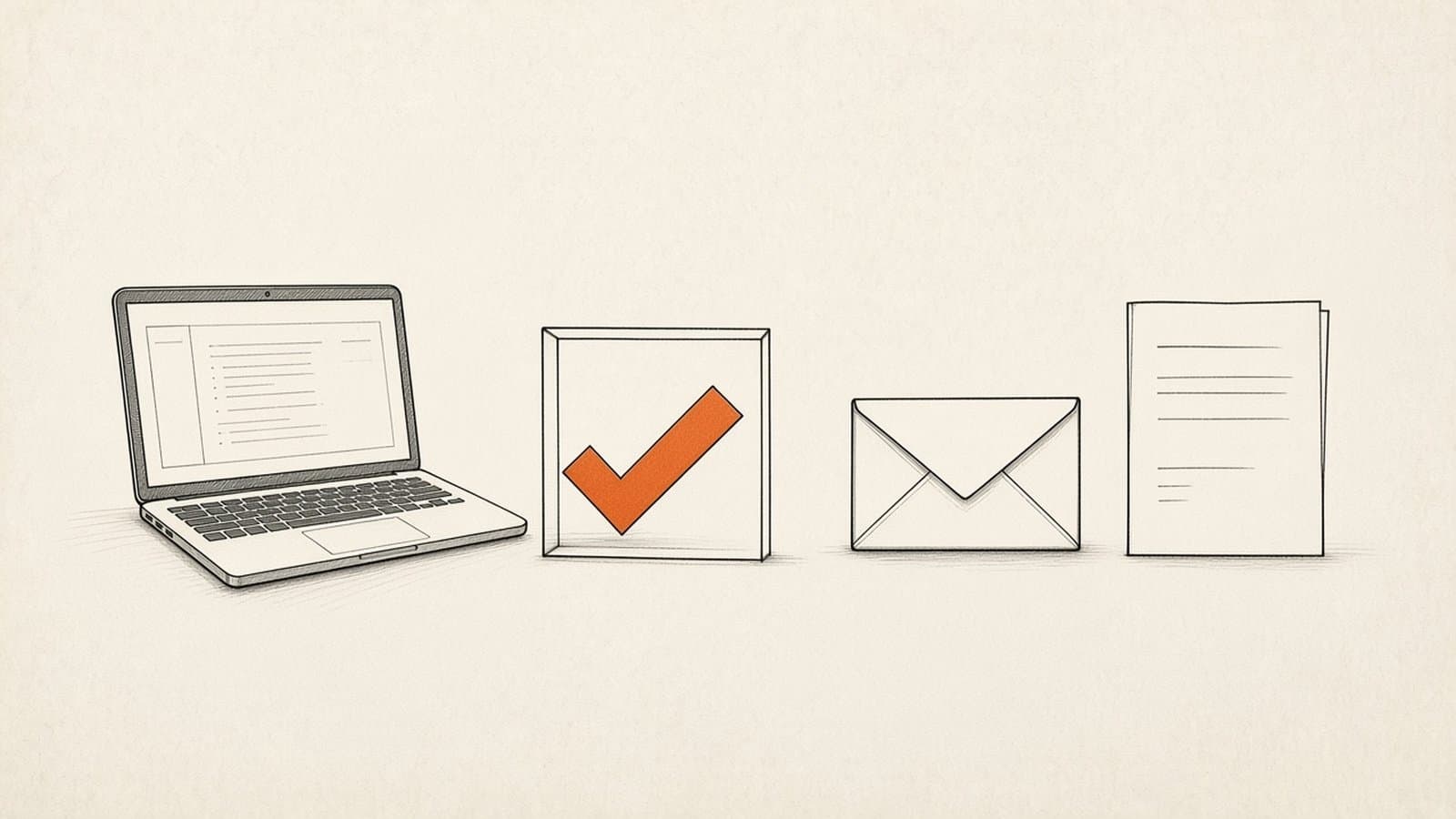Minimal ink sketch of a laptop, an orange approval check in a frame, a sealed envelope, and a blank contract on warm paper.