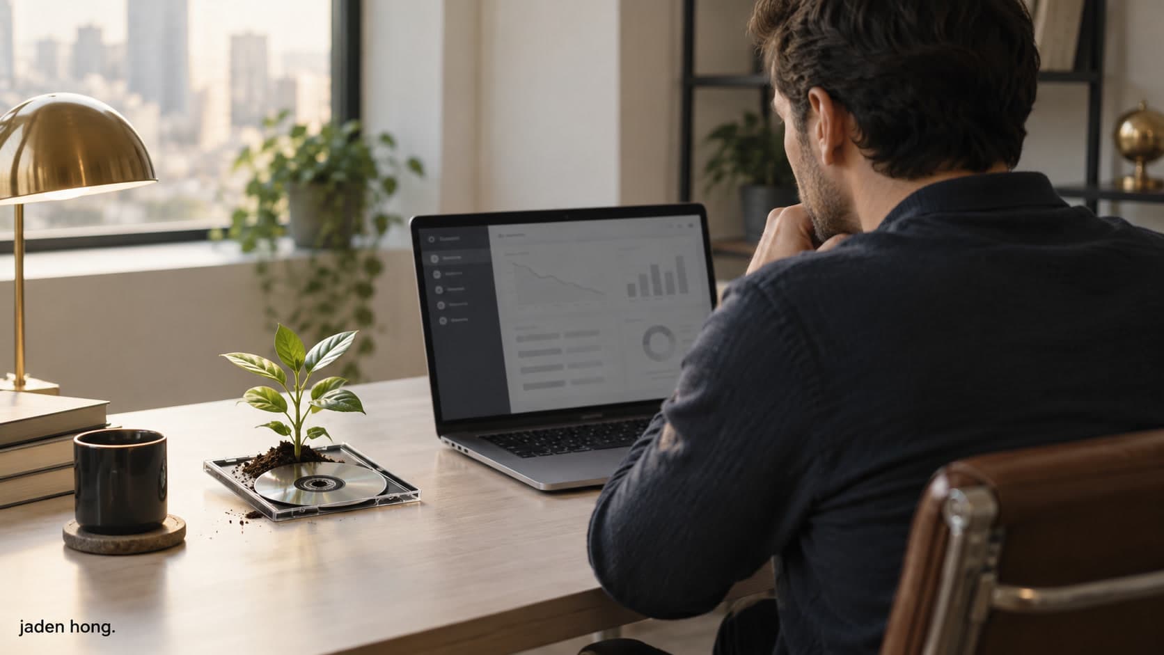 AI-generated conceptual photo of a man at a desk watching a grayed-out SaaS dashboard on his laptop, while a green plant grows out of an old software CD case beside him.