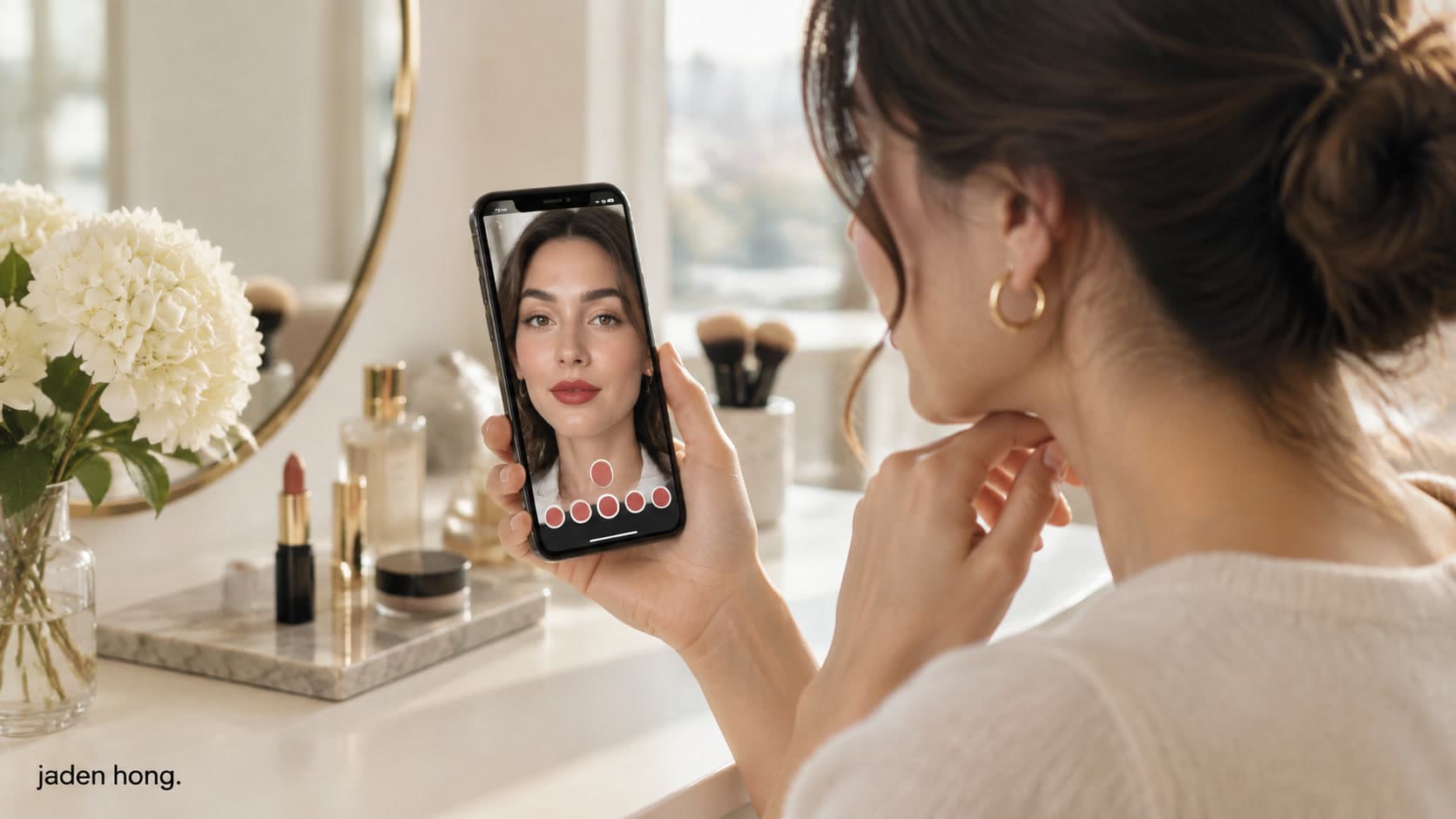 AI-generated conceptual photo of a woman at a vanity holding her phone, whose screen shows an augmented-reality lipstick try-on of her own face.