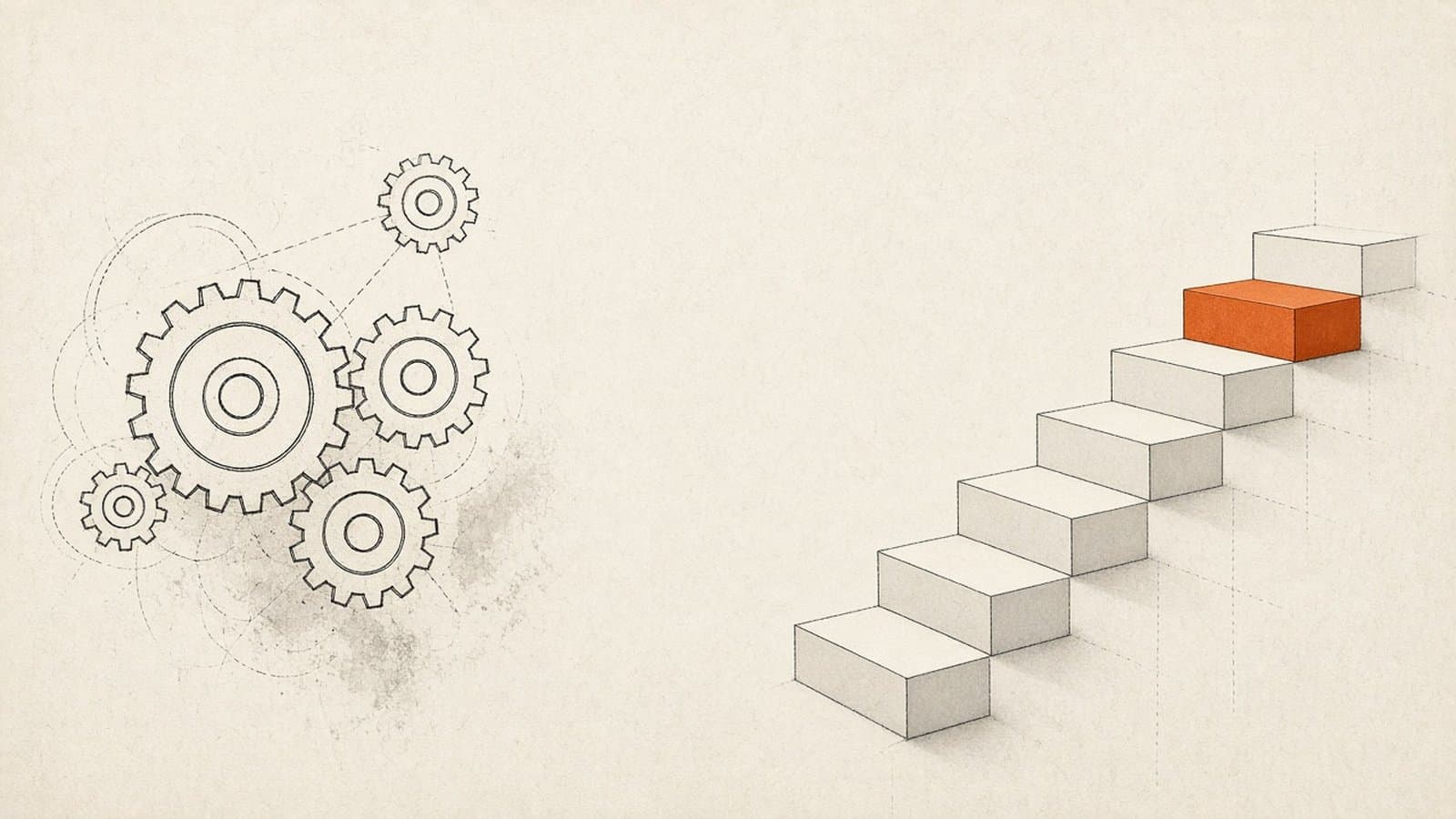 Minimal ink sketch of interlocking gears beside an ascending isometric staircase with one orange step on warm paper.