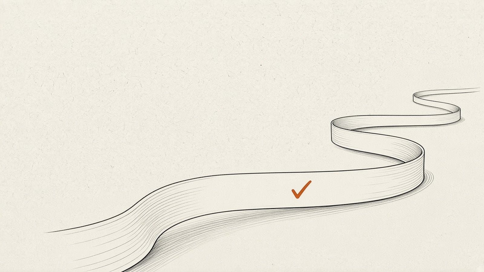 Minimal ink sketch of a long winding blank paper ribbon with one orange progress tick on warm paper.