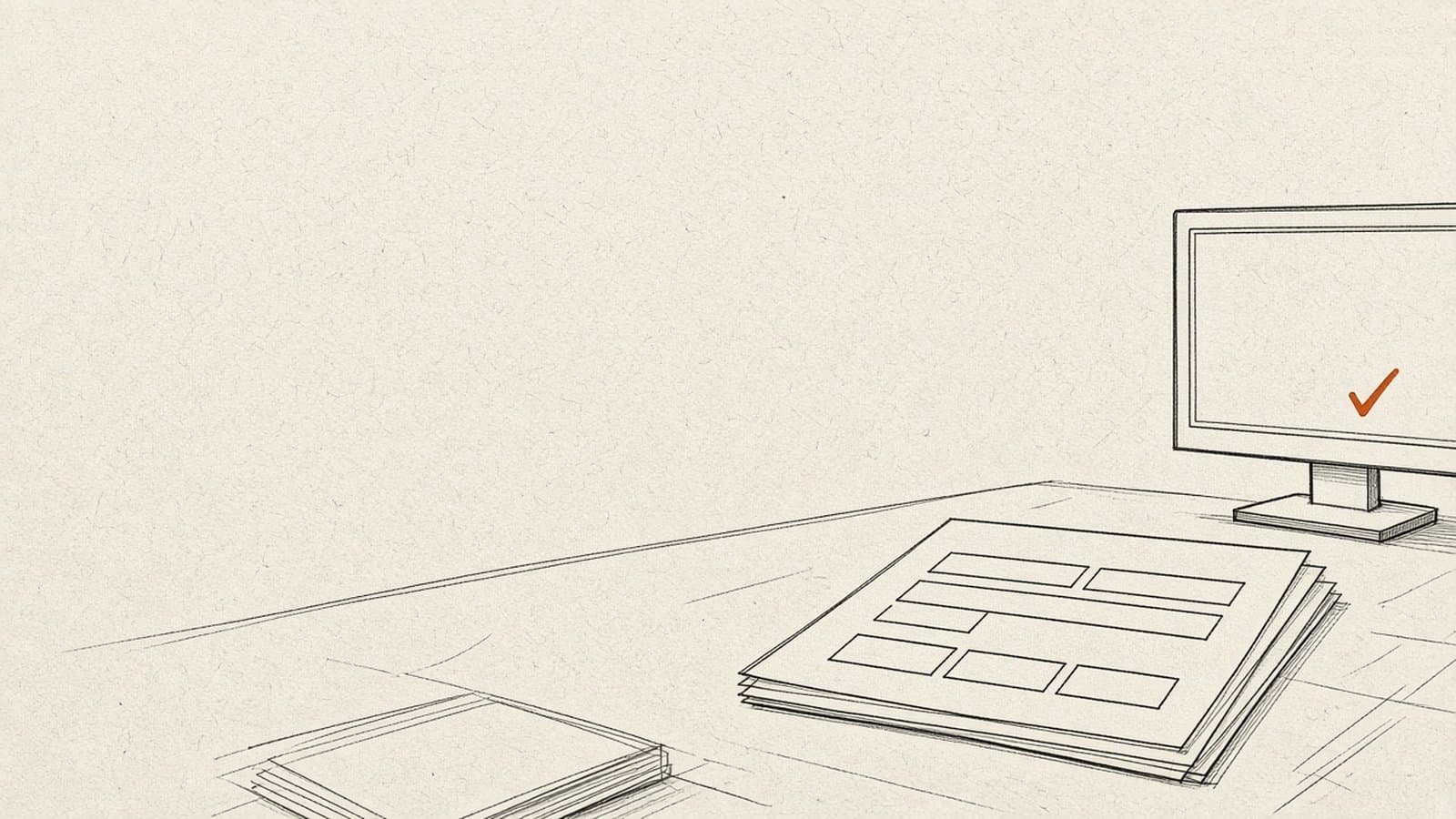 Minimal ink sketch of a desk with stacked blank forms and a monitor showing a single orange checkmark on warm paper.