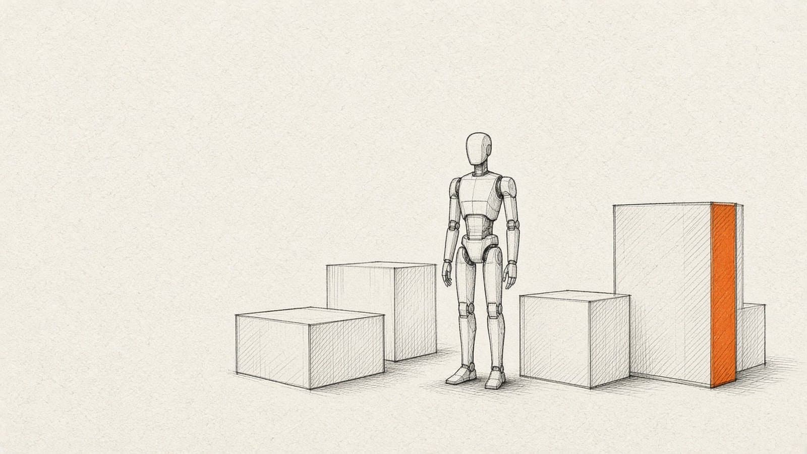 Minimal ink sketch of a generic featureless humanoid among abstract crate blocks, with one orange crate face on warm paper.