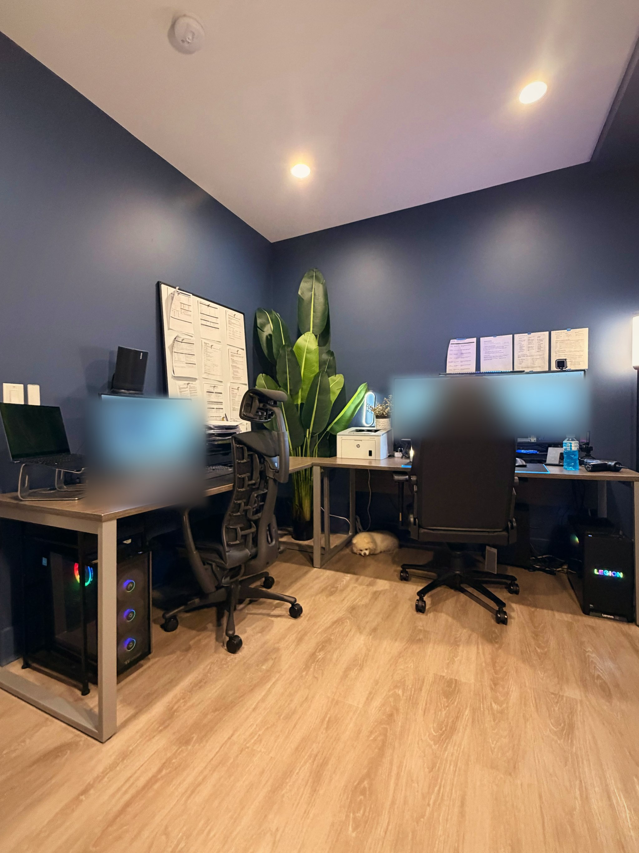 Wide view from the main PC side: dual monitors on the right wing, screens blurred
