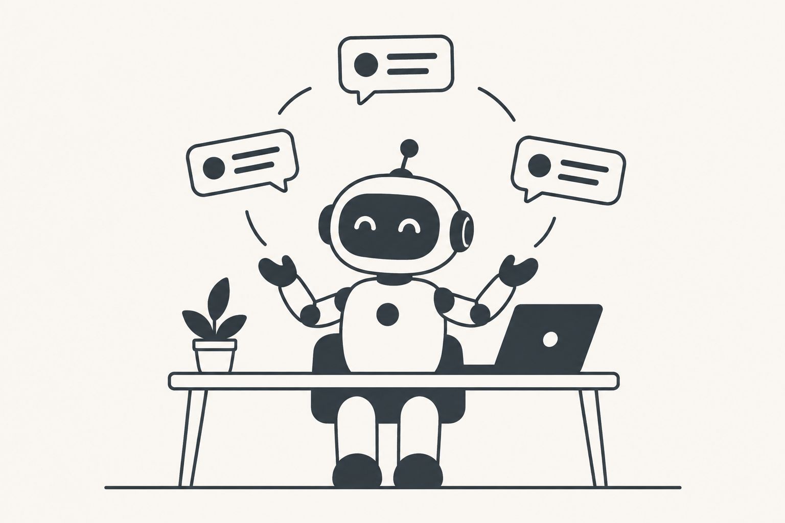 Flat illustration of a dark ink robot at a desk juggling three chat bubbles, representing Grok Bot teams.
