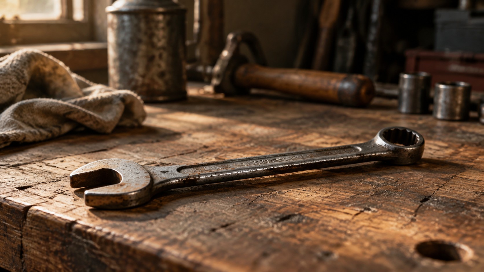 Editorial illustration of a well-worn wrench on a scarred wooden workbench in warm window light
