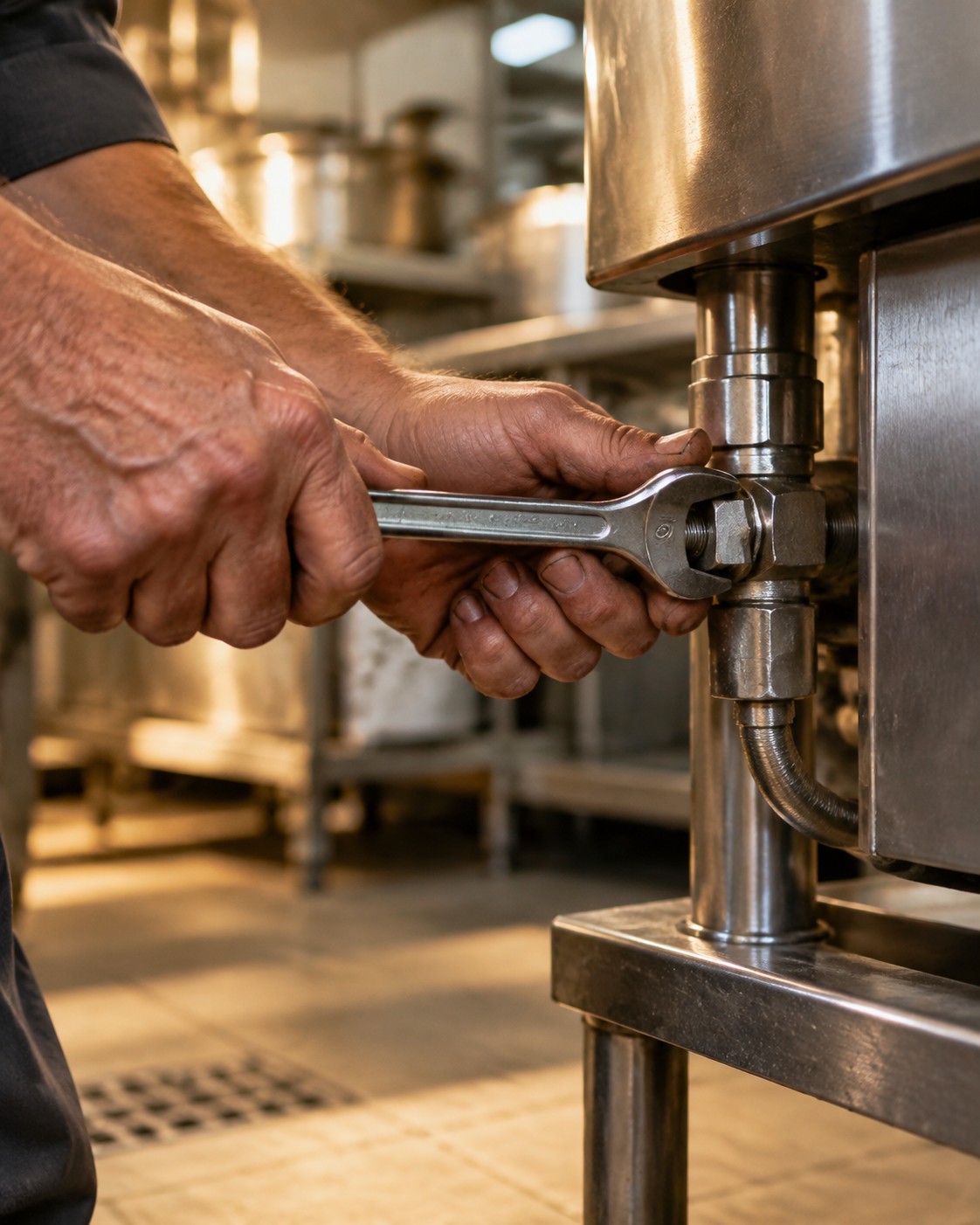 Editorial illustration of a technician's hands tightening a fitting on stainless steel commercial kitchen equipment with a wrench