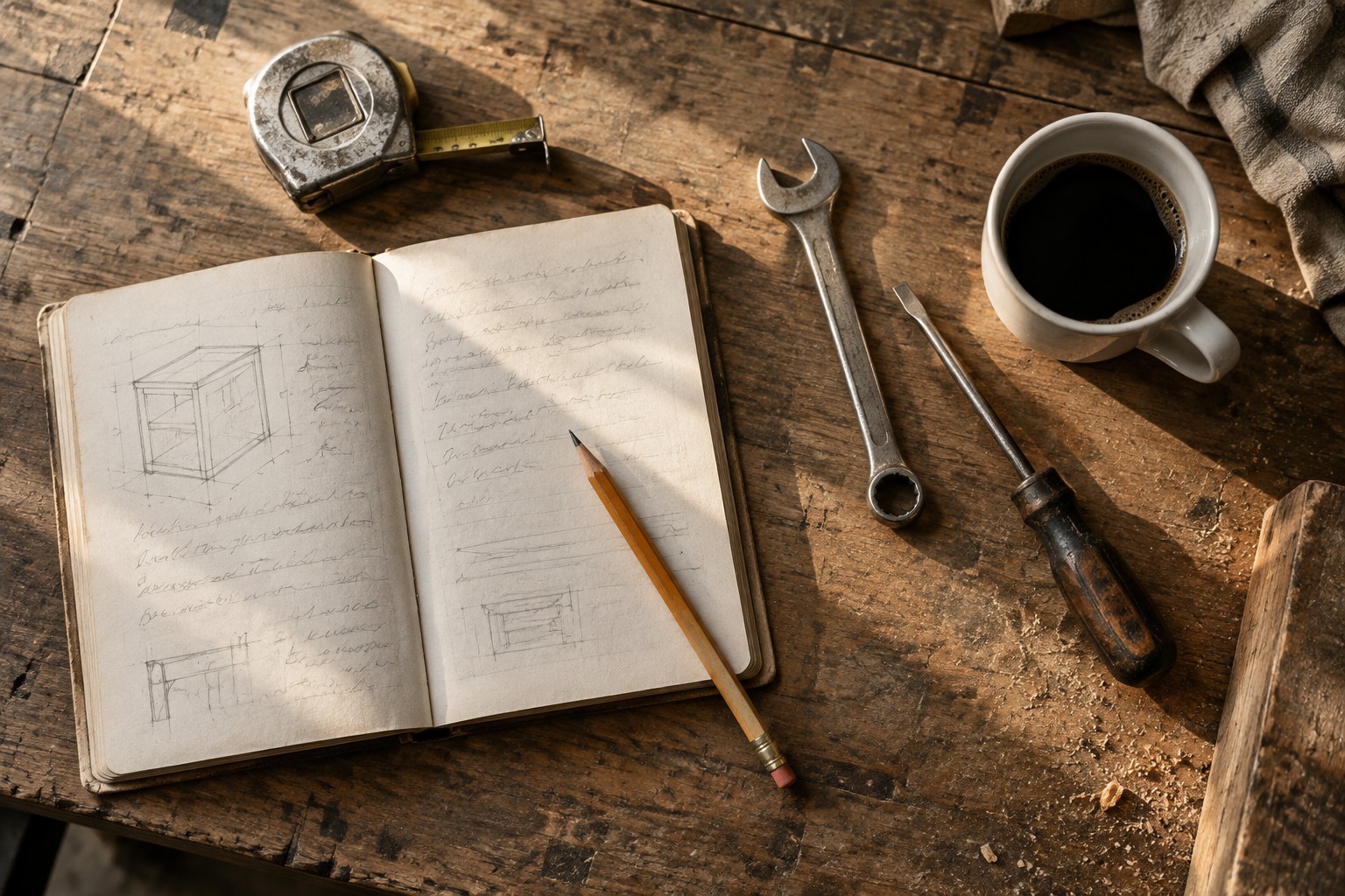 Editorial illustration of a workbench flat lay with a notebook of scribbled notes, hand tools and a cup of coffee in morning light