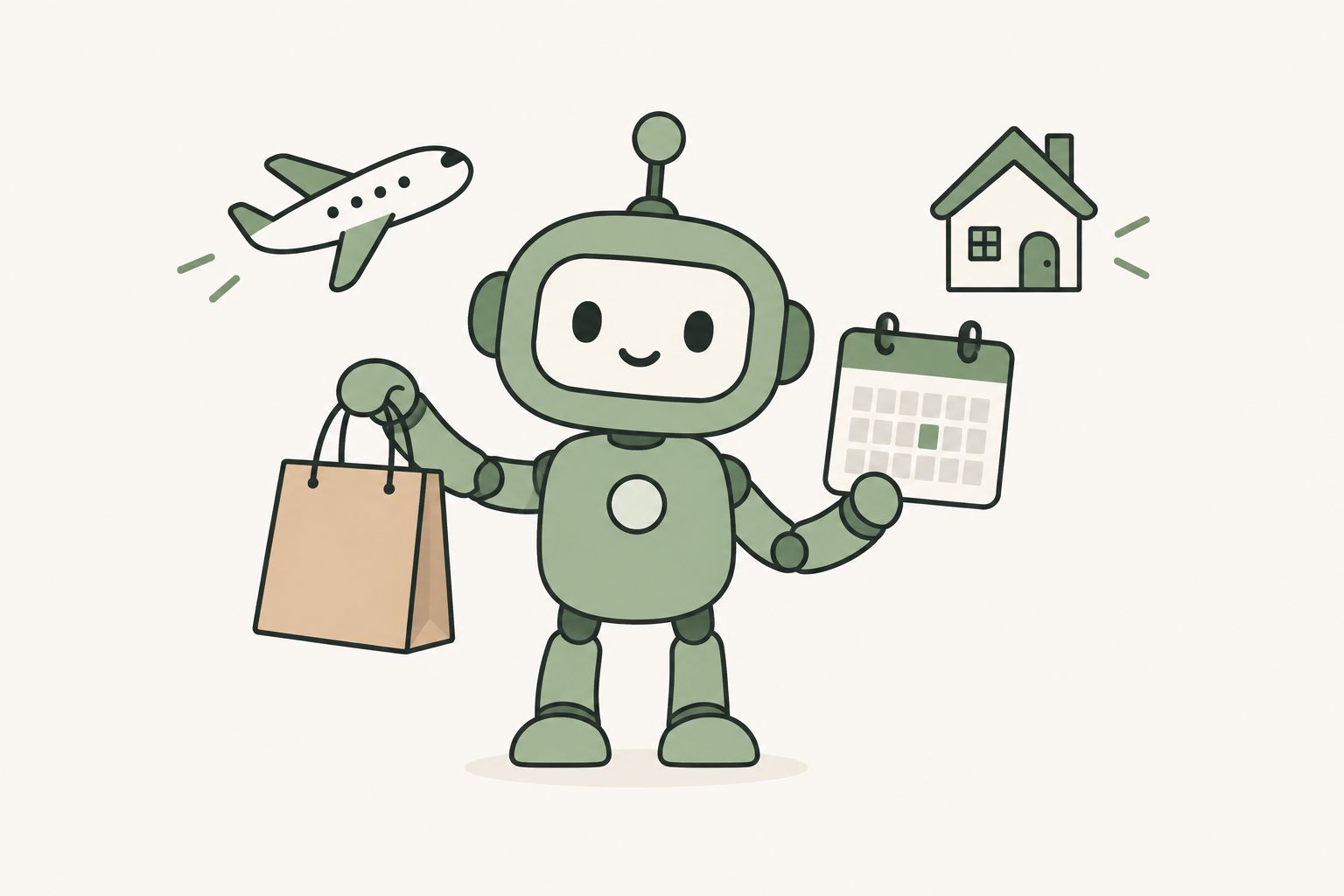 Flat illustration of a sage green robot holding a shopping bag and a calendar, with a plane and house icon, representing Muse for life admin.