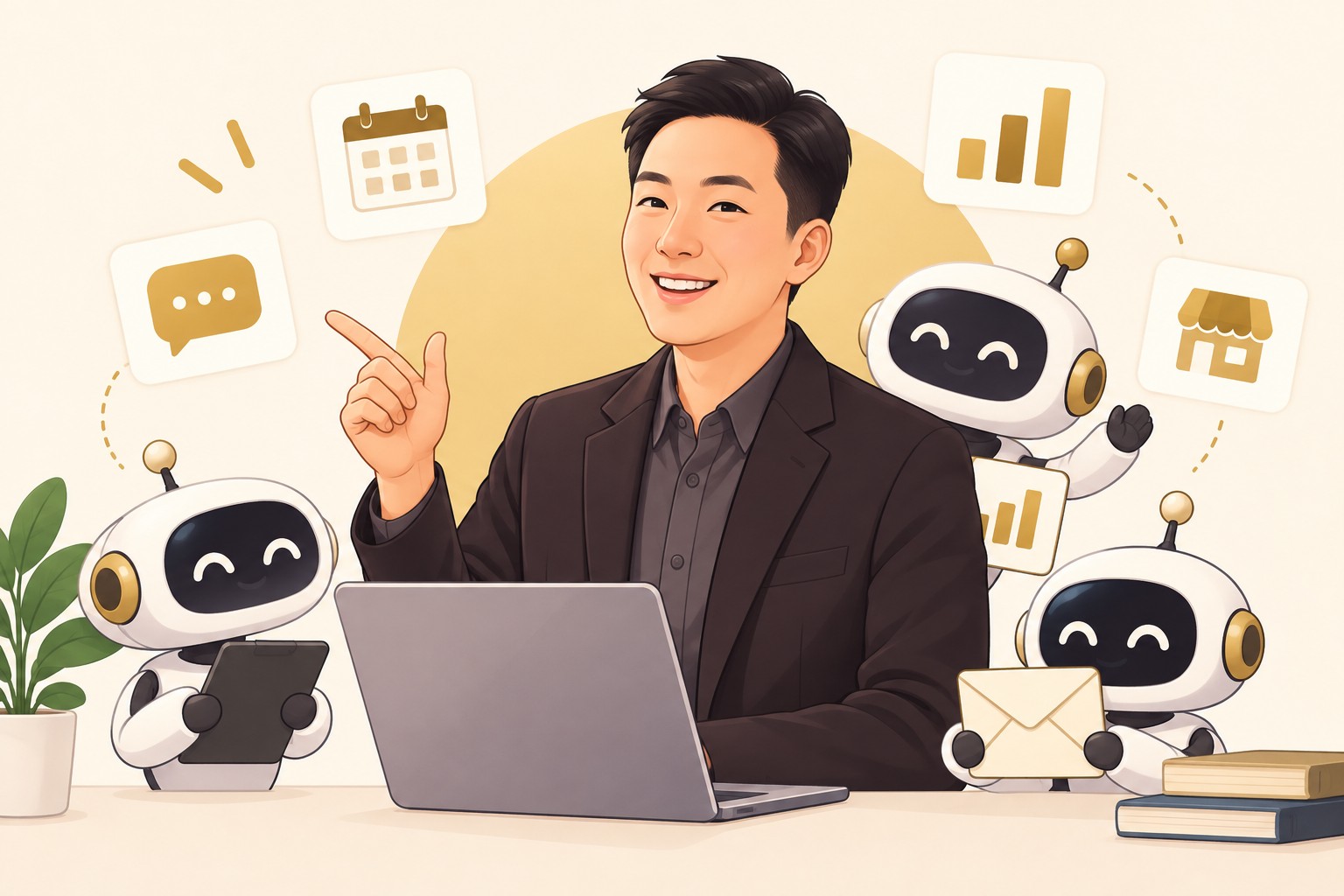 An animated version of me at my desk, directing my AI helpers