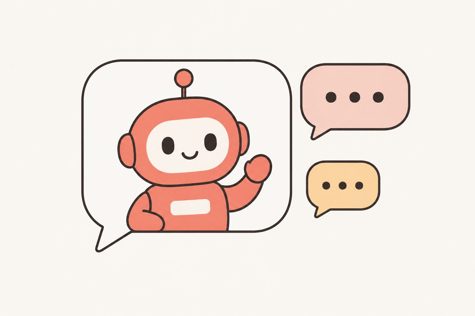 Flat illustration of a soft coral robot waving from inside a chat bubble, representing Dots living inside ChatGPT.