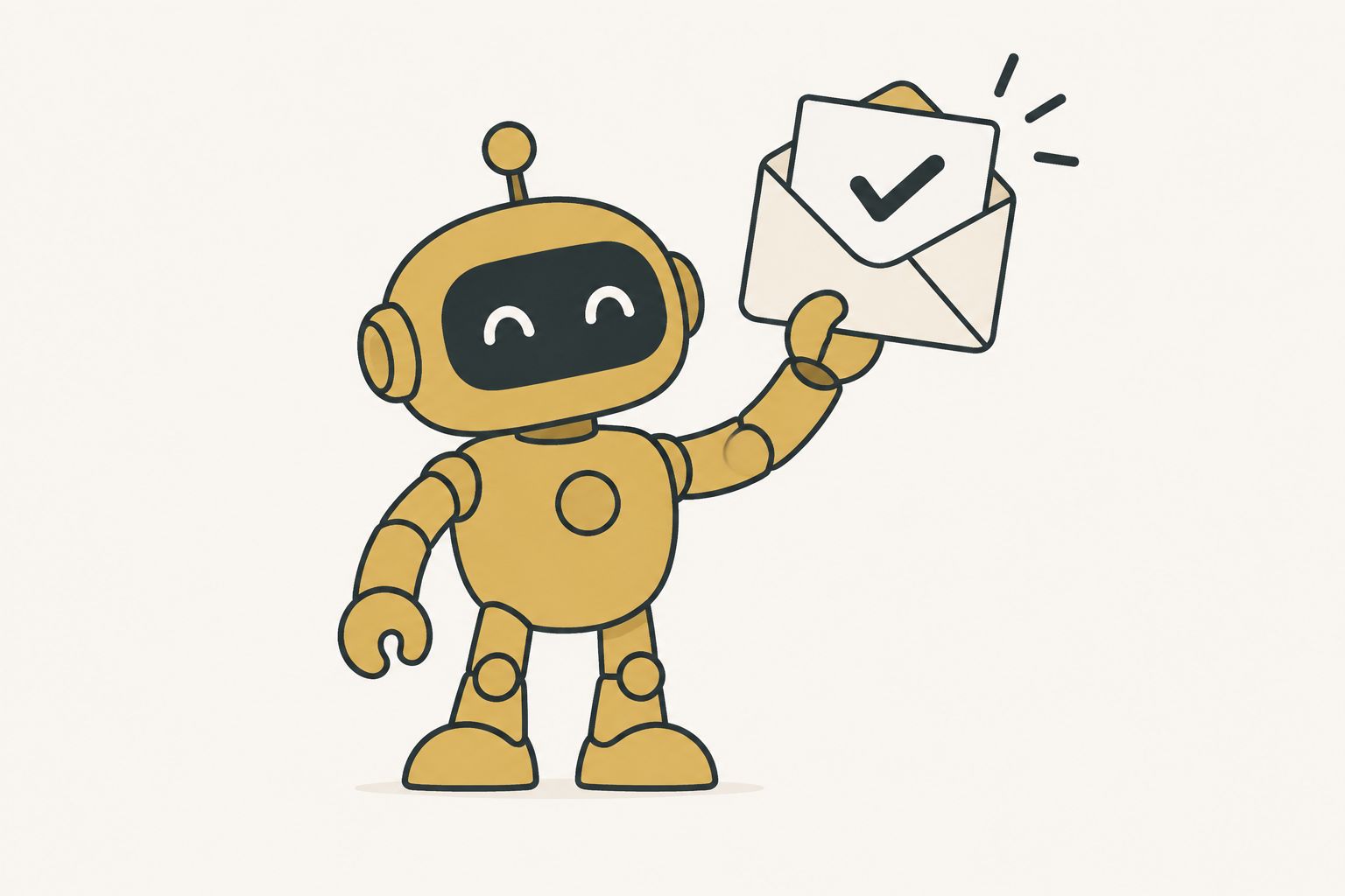 Flat illustration of a brass gold robot holding up an envelope marked with a checkmark, representing Claude Duet’s morning brief.