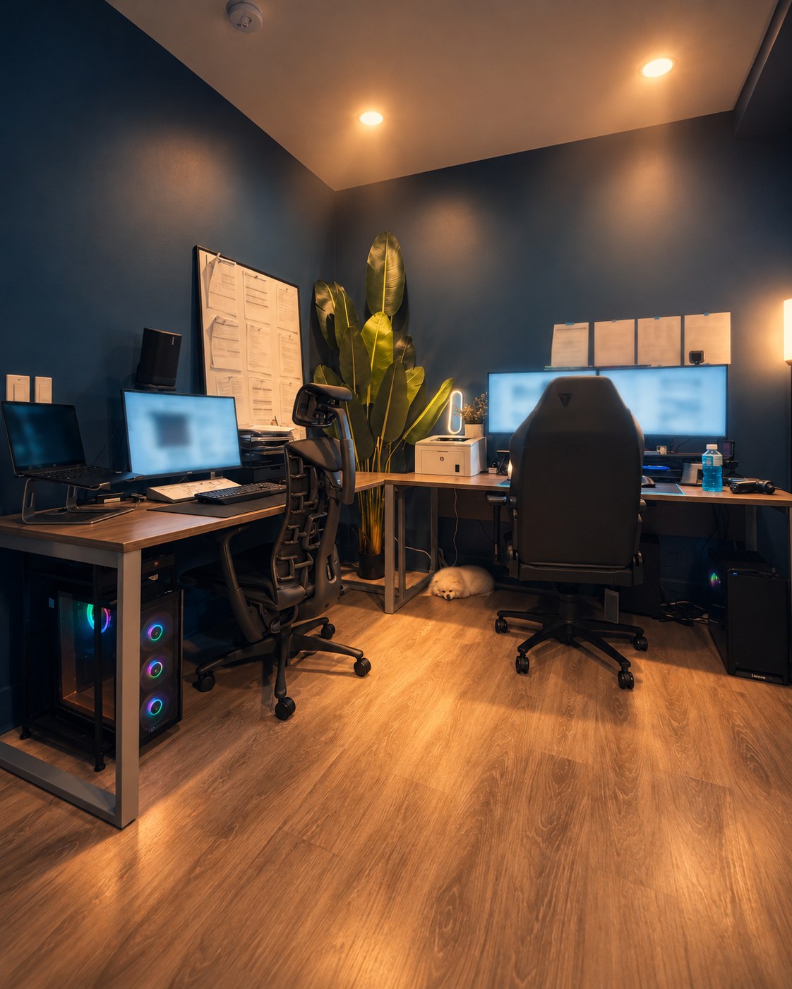 Cinematic render of my office: navy walls, an L-shaped desk with two workstations, a large plant and a small dog asleep under the desk