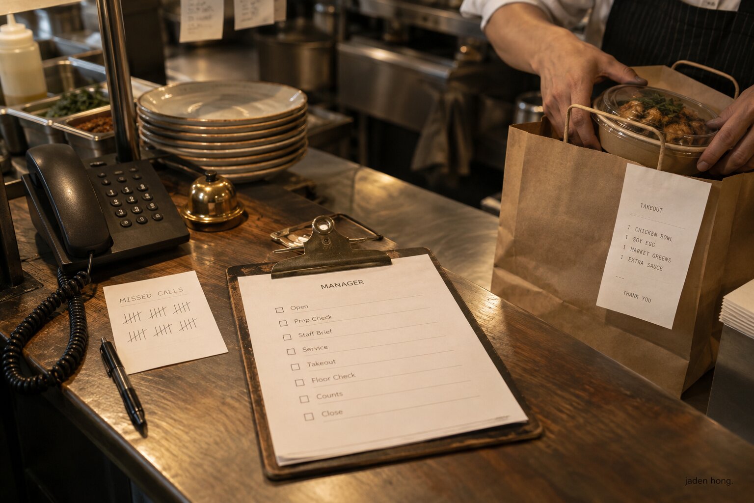 A restaurant pass counter with a missed-calls tally sheet, a manager checklist and a takeout order being packed